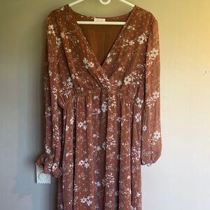 Pink Lily Brown Floral Long Sleeve Dress